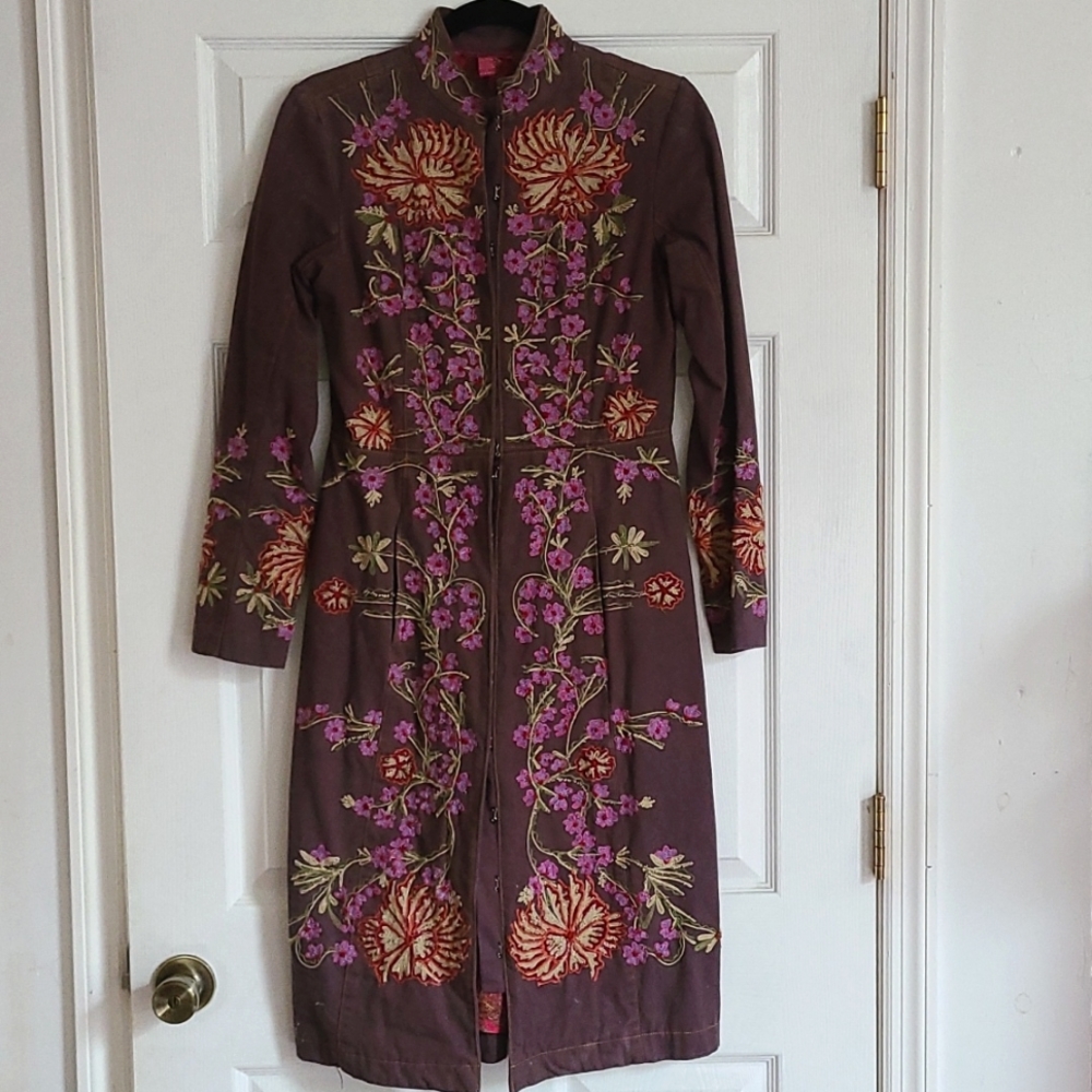 Tracy reese Embroidered floral burgundy denim coat
